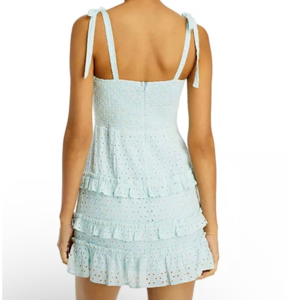 Lost + Wander Blissful Blues Mini Dress Eyelet‎ Ruffle Tie Strap Smocked Blue - Picture 2 of 10